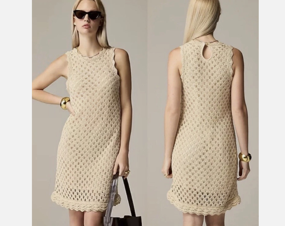 J Crew Pointelle Sleeveless Sweater Dress Open Knit Minimalist Beige Size Medium